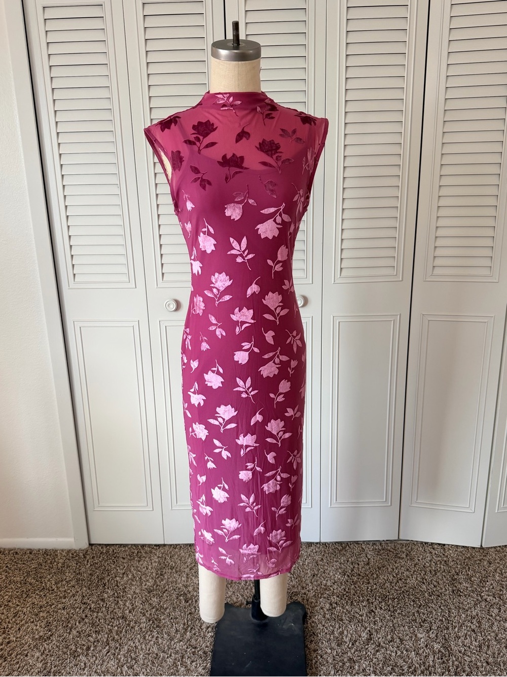 Madden Girl Floral Mesh Midi Dress in Berry Pink